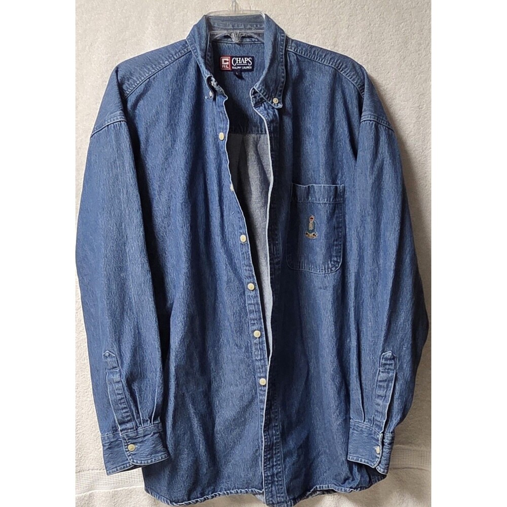 Vtg 90s Chaps Ralph Lauren Denim Shirt Mens L Blue Long Sleeve Crest Pocket